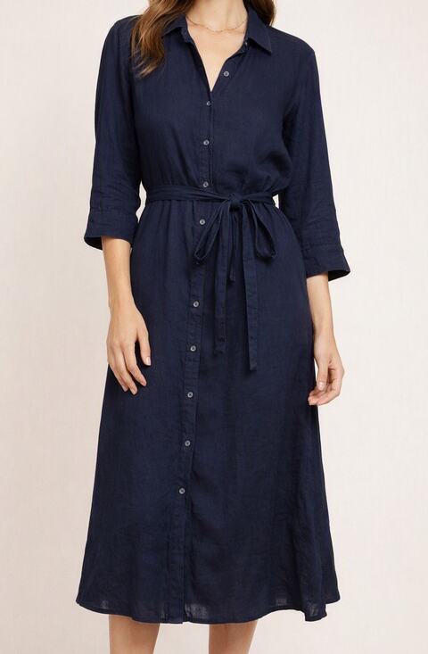 J. McLaughlin Dresses & Skirts - J. McLaughlin Linen Belted Midi Shirt Dress Navy Blue Large
